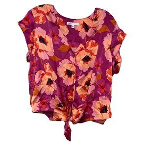 DR2 Floral Tie Front Short Sleeve Top Women  L Pink Floral Vibrant Resort Wear
